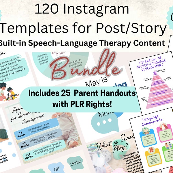 120 Speech-Language Therapy Instagram Templates, Speech Therapy Parent Handouts PLR Bundle , Instagram Story and Feed Templates,  PLR Rights