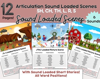 12 Sound Loaded Articulation Picture Pages, SLP Materials, Speech Therapy Activity, Busy Board Scenes, Printable, sh, ch, th, l, r, s