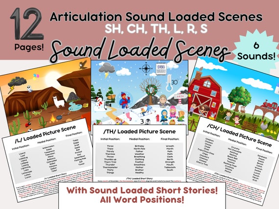 12 Sound Loaded Articulation Picture Pages, SLP Materials, Speech Therapy Activity, Busy Board Scenes, Printable, sh, ch, th, l, r, s