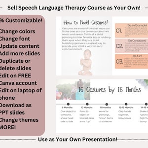 May include: A pink and white presentation slide with the title "Sell Speech Language Therapy Course as Your Own!" and a list of features, including customizable colors, fonts, and content. The slide also includes a section titled "How to Model Gestures!" with tips on how to teach children gestures. The slide also includes a timeline of 16 gestures by 16 months.