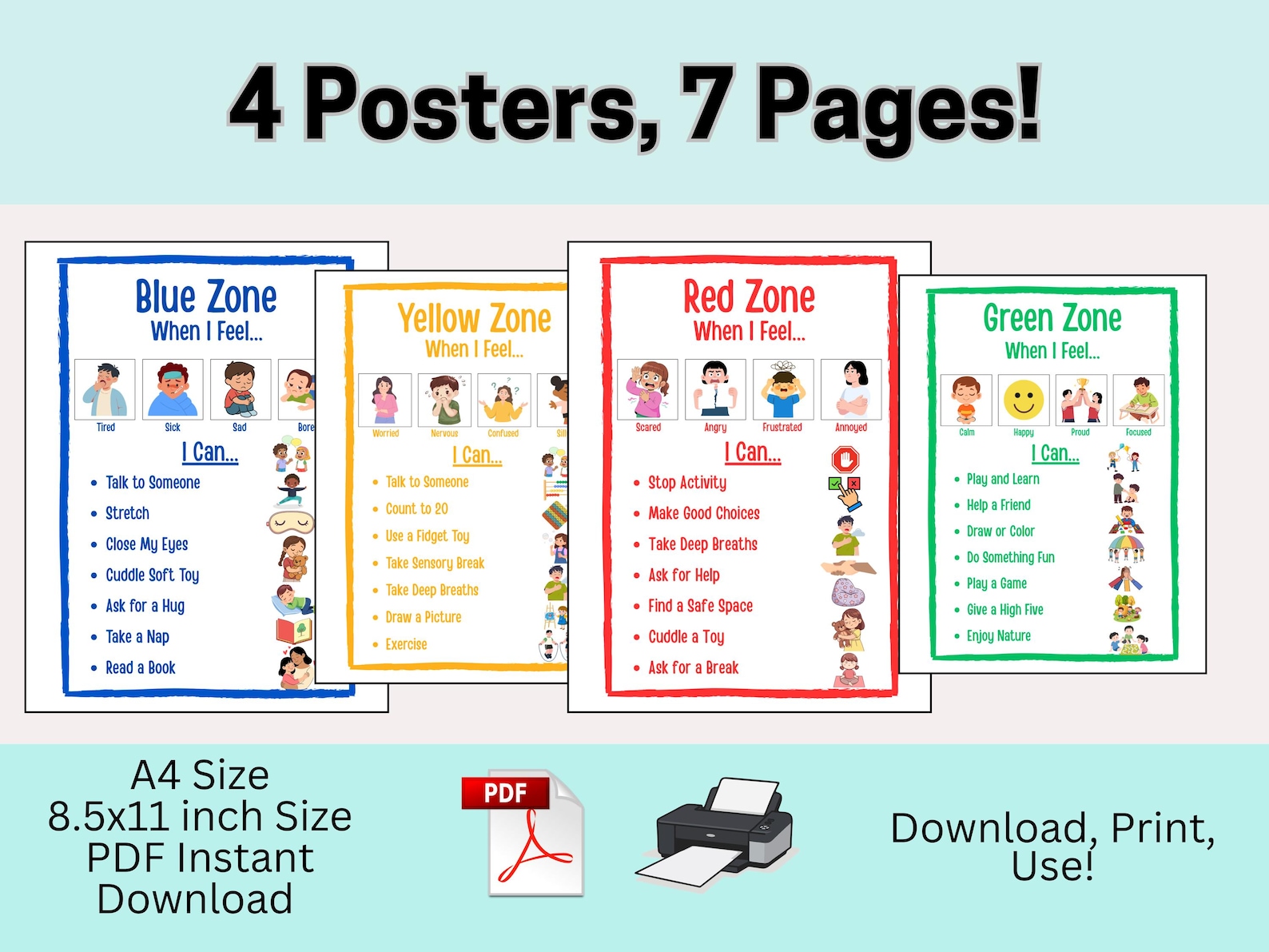 Zones of Regulation, Self Regulation Cards Chart, Printable, Emotions ...