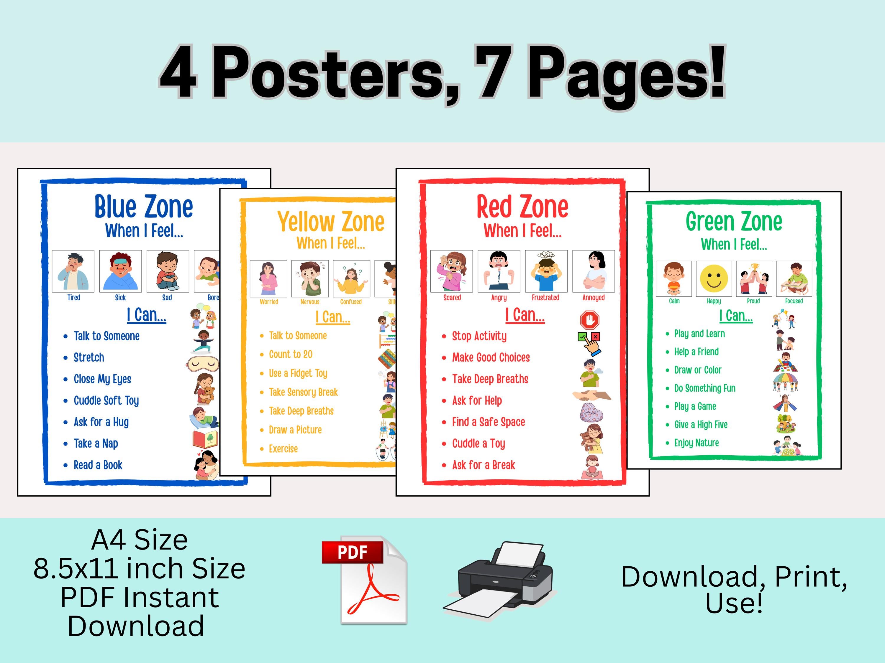 Zones of Regulation, Self Regulation Cards Chart, Printable, Emotions ...