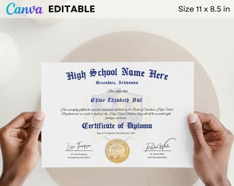 High School Diploma with Gold Seal, Printable Customized Diploma Replica Template, Editable Graduation Certificate with Canva Download