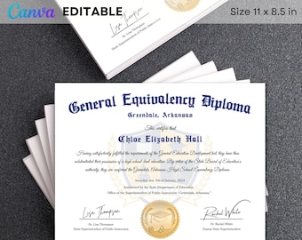 GED Diploma with Gold Seal Design, Editable Canva Graduation Certificate, General High School Equivalency Diploma Template Download File