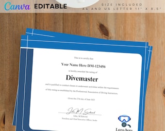 Divemaster GED Certificate Of Completion Template, Editable Canva Scuba Certificate, Divemaster Certification Template Download File