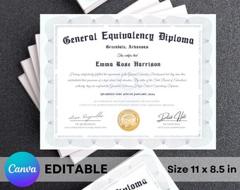 GED Frame Diploma with Gold Seal Design, Editable Canva Graduation Certificate, General High School Equivalency Diploma Template Download