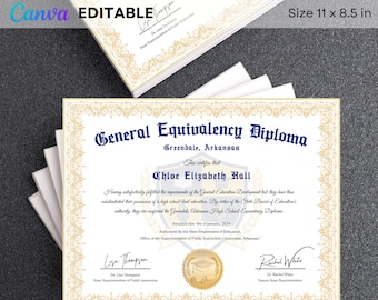 GED Frame Diploma with Gold Seal Design, Editable Canva Graduation Certificate, General High School Equivalency Diploma Template Download
