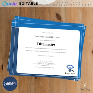 Divemaster GED Abschlussvorlage, bearbeitbares Canva Scuba-Zertifikat, Divemaster-Zertifizierungsvorlage Download-Datei