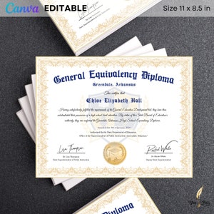 GED Frame Diploma with Gold Seal Design, Editable Canva Graduation Certificate, General High School Equivalency Diploma Template Download