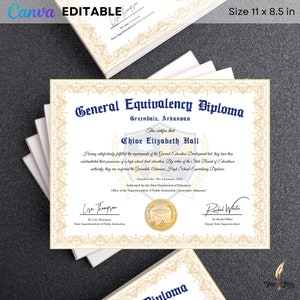 GED Frame Diploma with Gold Seal Design, Editable Canva Graduation Certificate, General High School Equivalency Diploma Template Download image 1