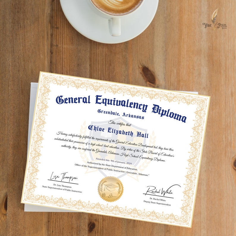 GED Frame Diploma with Gold Seal Design, Editable Canva Graduation Certificate, General High School Equivalency Diploma Template Download image 4