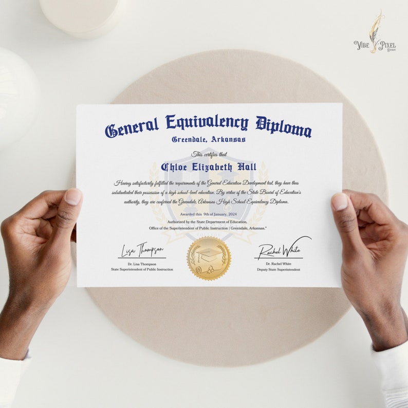 GED Diploma with Gold Seal Design, Editable Canva Graduation Certificate, General High School Equivalency Diploma Template Download File image 3