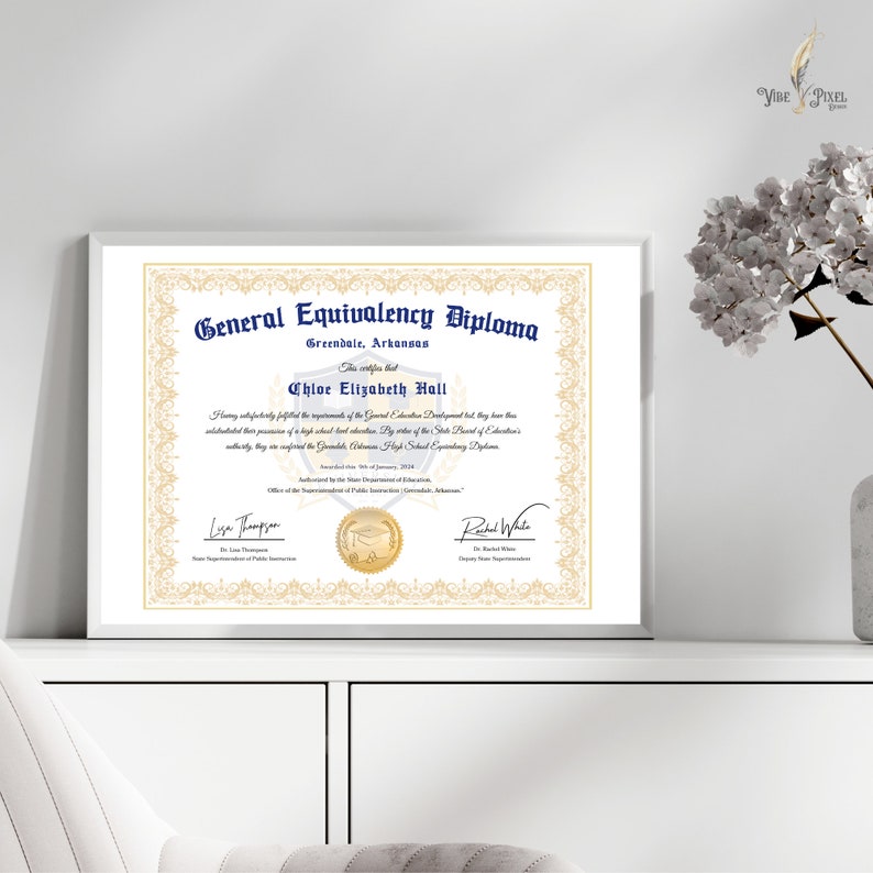 GED Frame Diploma with Gold Seal Design, Editable Canva Graduation Certificate, General High School Equivalency Diploma Template Download image 6