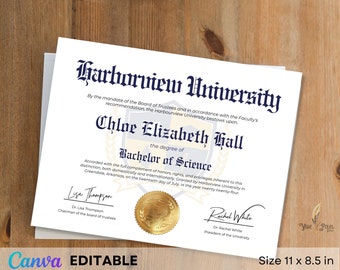University and College diploma template, certificate, high school diploma, Editable in canva, Fake Certificate, Digital Download !