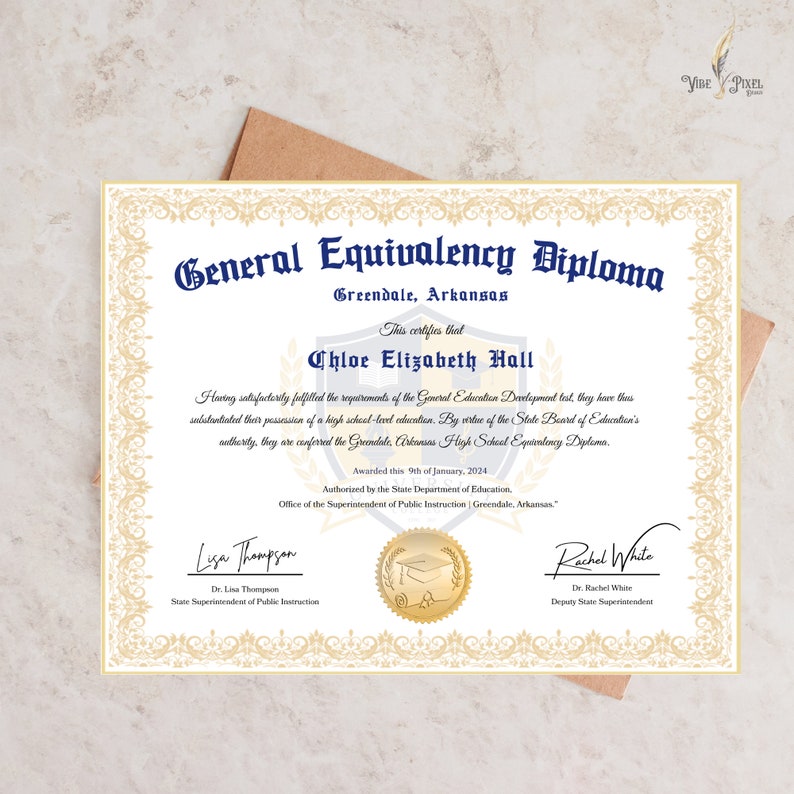 GED Frame Diploma with Gold Seal Design, Editable Canva Graduation Certificate, General High School Equivalency Diploma Template Download image 7