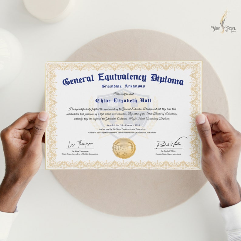 GED Frame Diploma with Gold Seal Design, Editable Canva Graduation Certificate, General High School Equivalency Diploma Template Download image 5