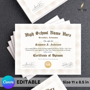 High School Diploma with Gold Seal, Printable Customized Diploma Replica Template, Editable Graduation Certificate with Canva Download