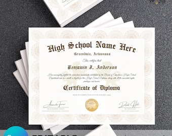 High School Diploma with Gold Seal, Printable Customized Diploma Replica Template, Editable Graduation Certificate with Canva Download