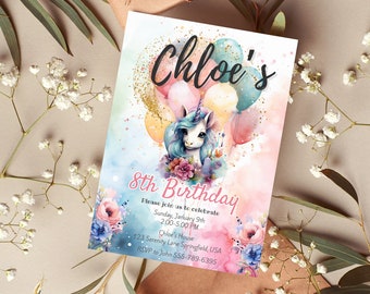 Watercolor Pastel Birthday Invitation Cute Unicorn Balloon Invitations Editable Colorful Party Printable Glitter Sprinkles Instant Download