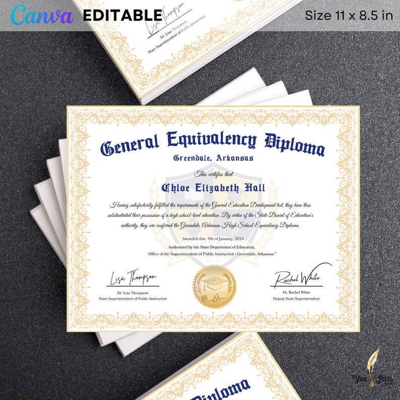 GED Frame Diploma with Gold Seal Design, Editable Canva Graduation Certificate, General High School Equivalency Diploma Template Download image 1