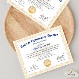 GED Frame Diploma with Gold Seal Design, Editable Canva Graduation Certificate, General High School Equivalency Diploma Template Download image 2