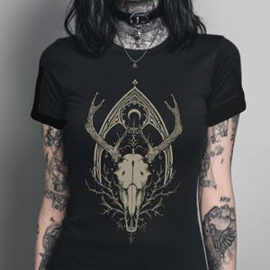Deer Skull Fitted Pastel Goth Graphic T-Shirt, Witchy Whimsigoth Shirt, Fairy Grunge Gothic Clothes, Dark Cottagecore Top, Goth Gift For Her image 3