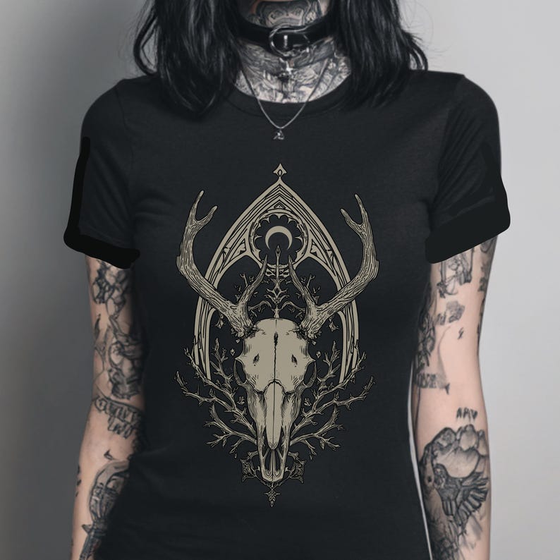 Deer Skull Fitted Pastel Goth Graphic T-Shirt, Witchy Whimsigoth Shirt, Fairy Grunge Gothic Clothes, Dark Cottagecore Top, Goth Gift For Her image 3