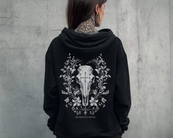 Memento Mori Goth Skull Graphic Hoodie, Dark Cottagecore Witchy Hooded Jacket, Alternative Forestcore Clothing, Gothic Clothes, Gift For Her