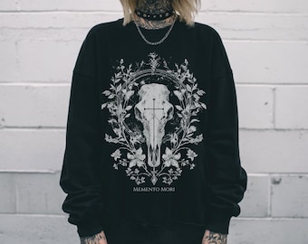 Memento Mori Skull Goth Graphic Sweatshirt, Dark Cottagecore Witchy Pullover Sweatshirt, Whimsigoth Emo Sweater Shirt, Goth Gift For Her