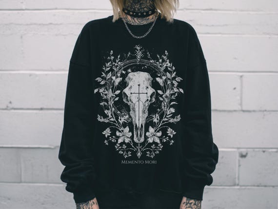 Memento Mori Skull Goth Graphic Sweatshirt, Dark Cottagecore Witchy Pullover Sweatshirt, Whimsigoth Emo Sweater Shirt, Goth Gift For Her