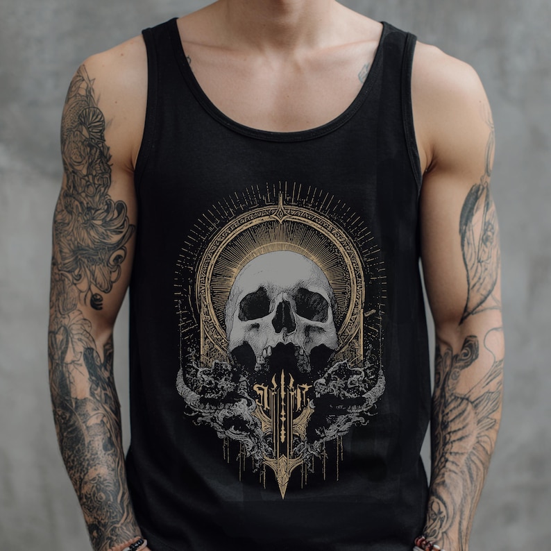 Gothic Skull Unisex Graphic Tank Top, Metal Grunge Punk Shirt, Mens Alternative Goth Shirt, Y2K Grunge Clothing, Goth Gift For Him image 4