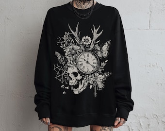 Skull Clock Goth Graphic Sweatshirt, Floral Fairy Grunge Sweater, Dark Cottagecore Witchy Sweatshirt, Alternative Emo Clothing, Goth Gift