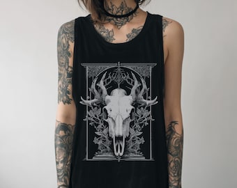 Unisex Occult Bull Skull Goth Graphic Tank Top, Dark Cottagecore Witchy Shirt, Dark Academia Whimsigoth Clothing, Fairy Grunge Top Goth Gift