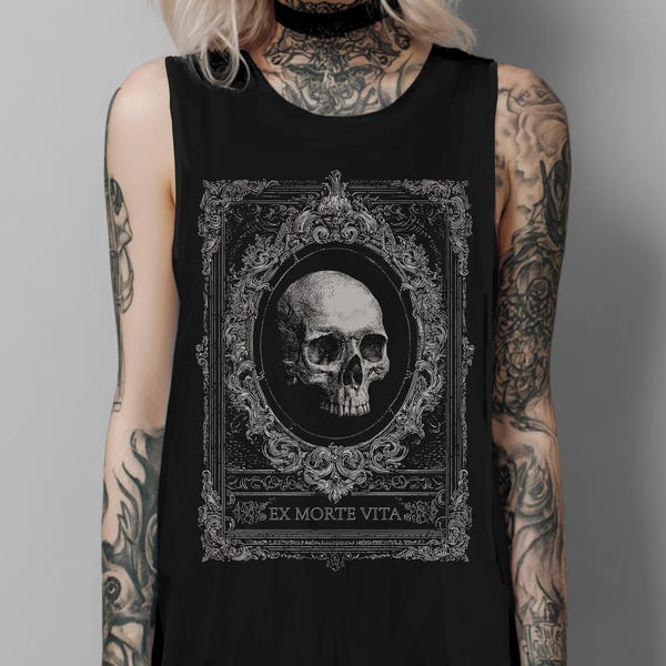 Camiseta unisex gótica victoriana con calavera oculta, camiseta con gráfico gótico de Dark Academia, ropa goth de brujas, top emo alternativo, regalo gótico para ella
