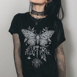 Butterfly Y2K Goth Fitted T-Shirt, Graphic Fairy Grunge Shirt, Dark Boho Emo Top, Gift For Her image 2
