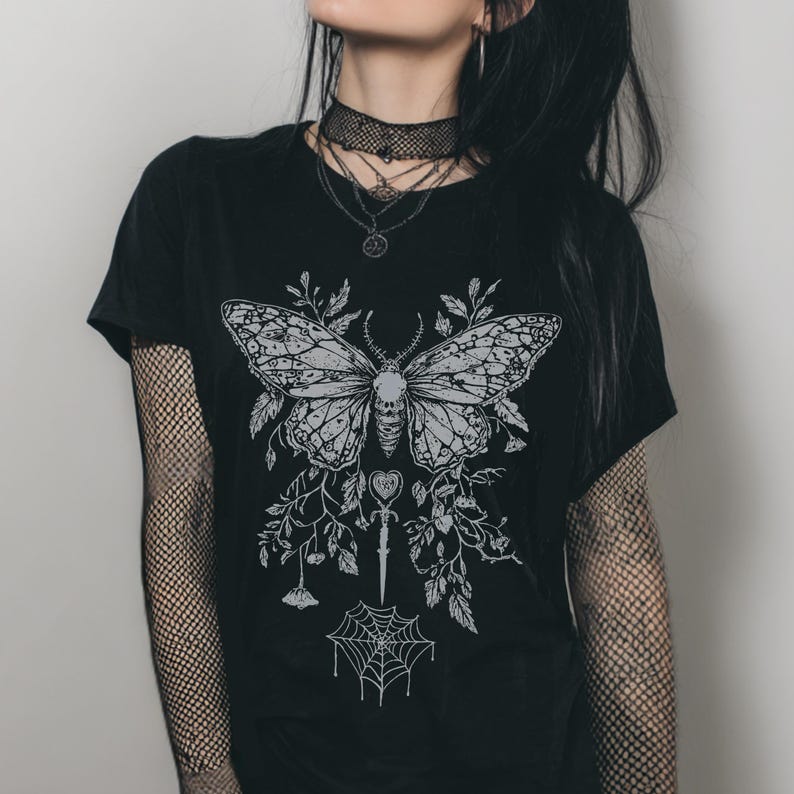 Butterfly Y2K Goth Fitted T-Shirt, Graphic Fairy Grunge Shirt, Dark Boho Emo Top, Gift For Her image 2