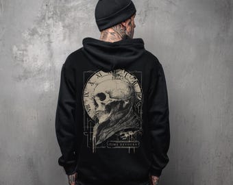 Unisexowa bluza z kapturem z gotycką grafiką i zegarem czaszkowym, kurtka z kapturem w stylu alternatywnego punka i grunge'u, odzież uliczna w stylu gotyckim, bluza z kapturem w stylu emo, gotycki prezent dla niego