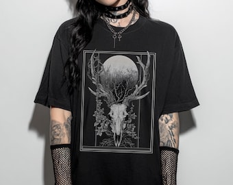 Deer Skull Goth Graphic T-Shirt, Witchy Dark Academia Shirt, Dark Cottagecore Forestcore Clothing, Gothic Clothes, Emo Goth Gift For Her