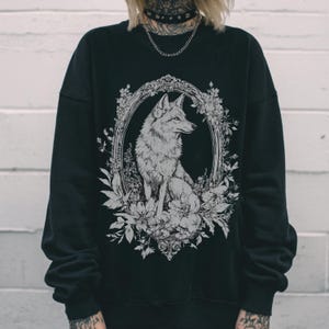 Victorian Wolf Graphic Sweatshirt, Floral Whimsigoth Forestcore Sweater, Emo Witchy Goth Pullover Shirt Alternative Dark Academia Sweatshirt image 3