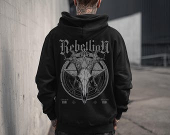 Rebellion Bull Skull Pentagramm Unisex Grafik Hoodie, Punk Grunge Goth Hoodie, Alternative Streetwear Kleidung, Satanic Metal Kapuzenjacke