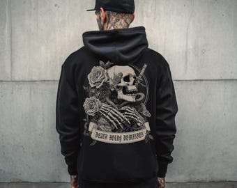 Moletom com Capuz Unissex Caveira e Rosas Gótico, Moletom com Capuz Estampado Grunge Streetwear, Roupa Gótica Alternativa, Jaqueta Estilo Tatuagem Retrô, Presente para Ele e Ela