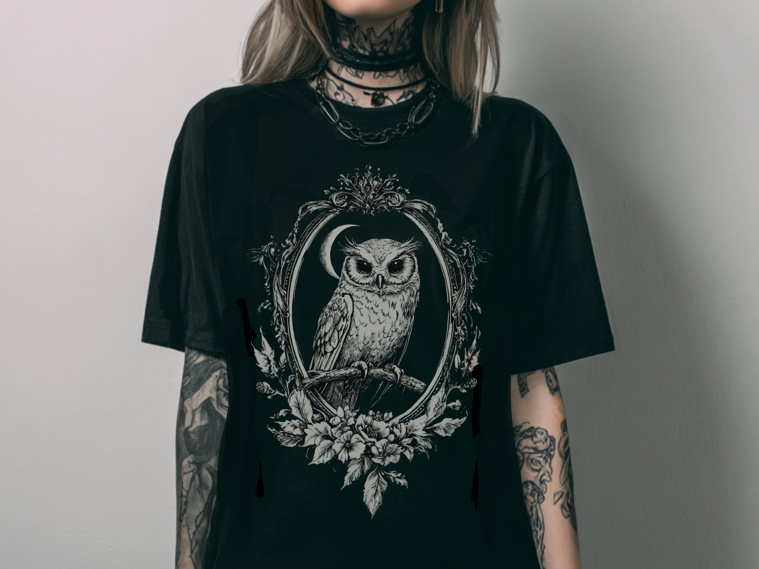 Gothic Victorian Owl Comfort Colors TShirt, Goth Floral Graphic Print Shirt, Witchy Whimsigoth Top, 