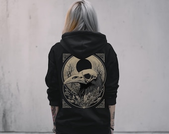 Mystical Raven Skull Witchy Gothic Graphic Hoodie, Occult Dark Cottagecore Bohemian Jacket, Dark Academia Goth Clothing, Goth Gift For Her