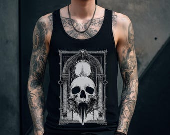 Unisex linne med dödskalletryck, gotiskt linne med punk- och grungegrafik, emo-gothkläder, alternativ ockult skjorta, goth-present till honom eller henne
