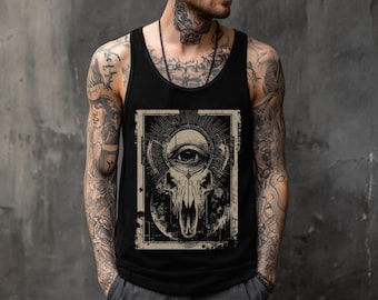 Camiseta regata unissex com estampa psicodélica de caveira de touro e terceiro olho, estilo gótico, punk ocultista e grunge, perfeita para tâmaras e tarô. Ideal para presentear a si mesmo ou a ele.