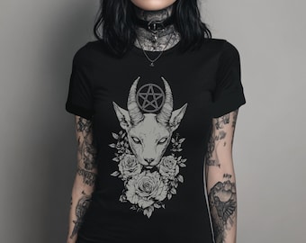 Occult Cat Fitted Gothic T-Shirt, Witchy Goth Pentagram Graphic Shirt, Punk Grunge Clothing, Emo Alternative Top, Goth Clothing Gift For Her