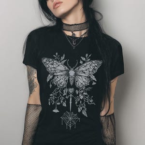 Butterfly Y2K Goth Fitted T-Shirt, Graphic Fairy Grunge Shirt, Dark Boho Emo Top, Gift For Her image 1