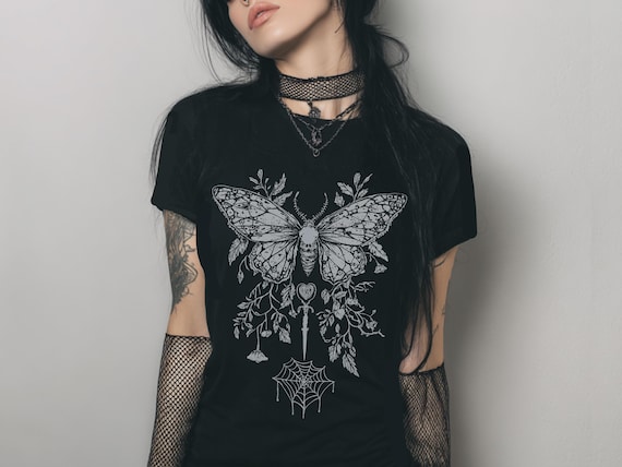Butterfly Y2K Goth Fitted T-Shirt, Graphic Fairy Grunge Shirt, Dark Boho Emo Top, Gift For Her