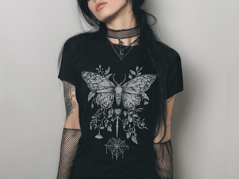 Butterfly Y2K Goth Fitted T-Shirt, Graphic Fairy Grunge Shirt, Dark Boho Emo Top, Gift For Her image 1