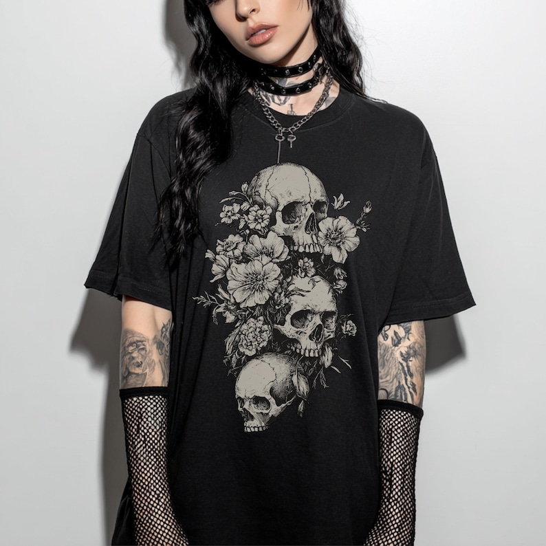 Floral Skull Comfort Colors T-Shirt, Gothic Graphic T-Shirt, Whimsigoth Witchy Clothing, Alternative Grunge Goth Shirt, Goth Gift image 2
